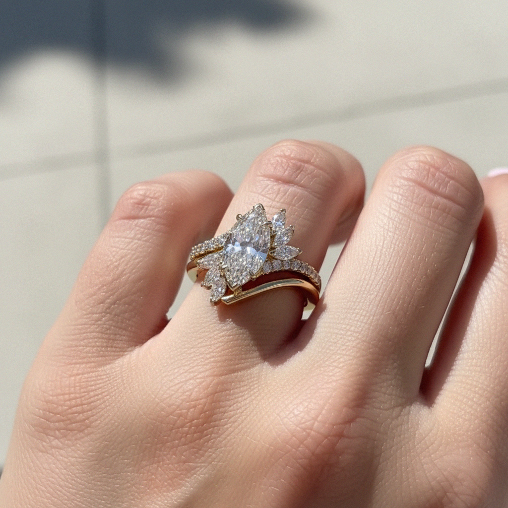 3.7CT Marquise Cut VVS Moissanite Engagement Ring Set