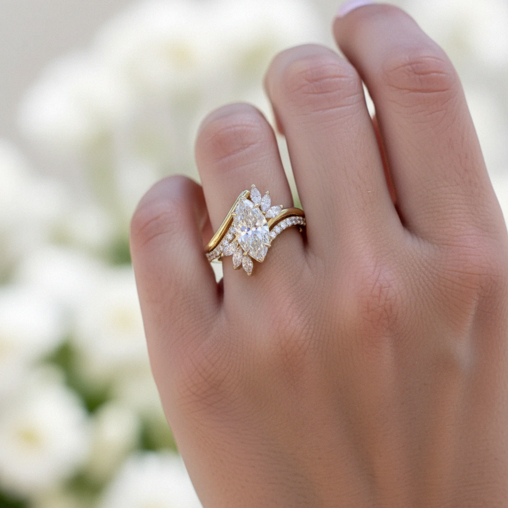 3.7CT Marquise Cut VVS Moissanite Engagement Ring Set