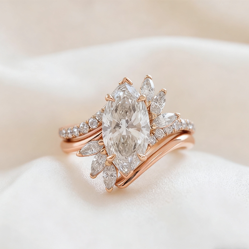 3.7CT Marquise Cut VVS Moissanite Engagement Ring Set