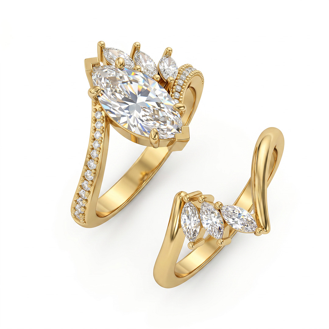 4.05ct. tw. Marquise Cut VVS Moissanite Engagement Ring Set