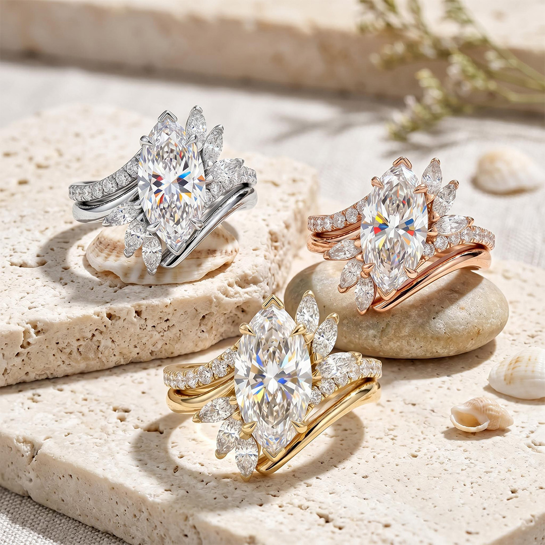 4.05ct. tw. Marquise Cut VVS Moissanite Engagement Ring Set