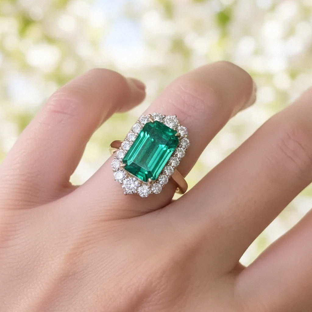 S925 Silver Emerald Diamond Halo Engagement Ring