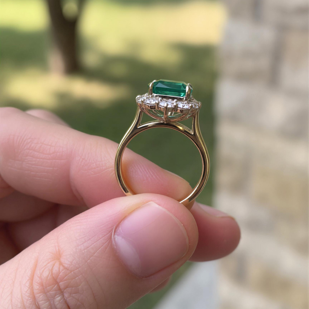 S925 Silver Emerald Diamond Halo Engagement Ring