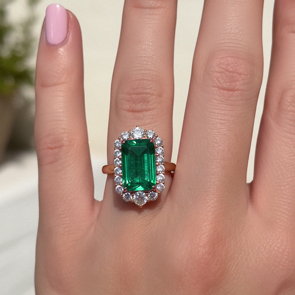 S925 Silver Emerald Diamond Halo Engagement Ring