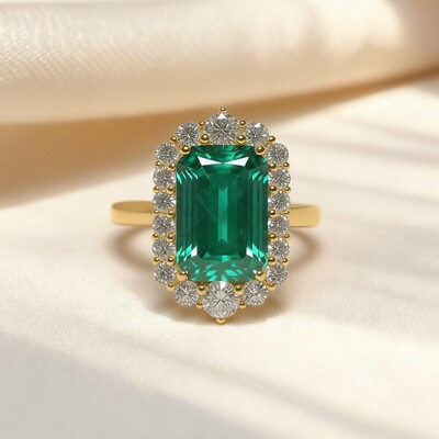 S925 Silver Emerald Diamond Halo Engagement Ring