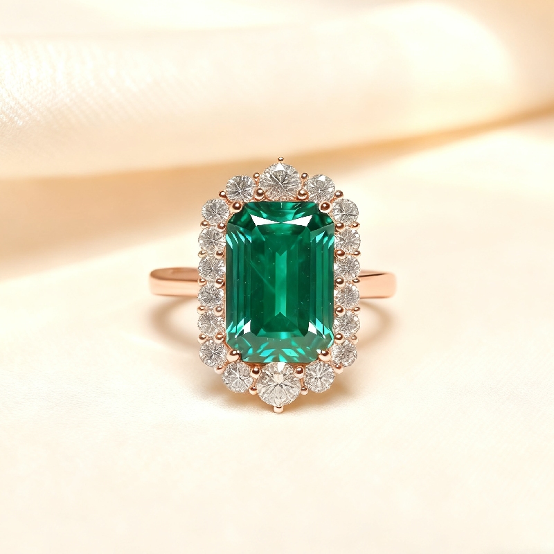 S925 Silver Emerald Diamond Halo Engagement Ring