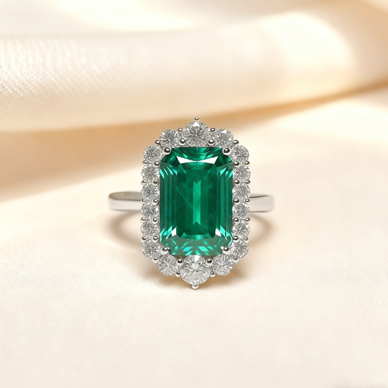 S925 Silver Emerald Diamond Halo Engagement Ring