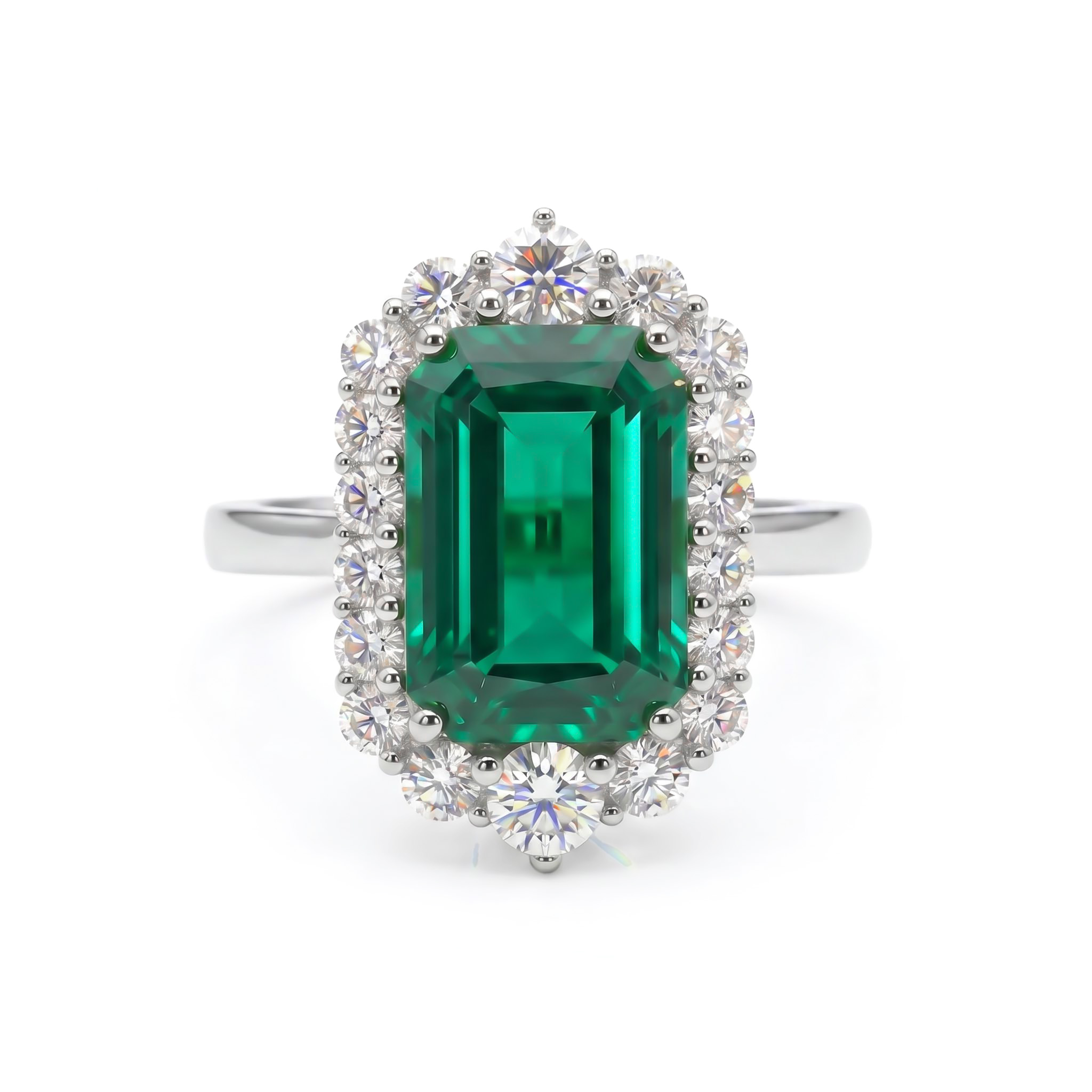 S925 Silver Emerald Diamond Halo Engagement Ring