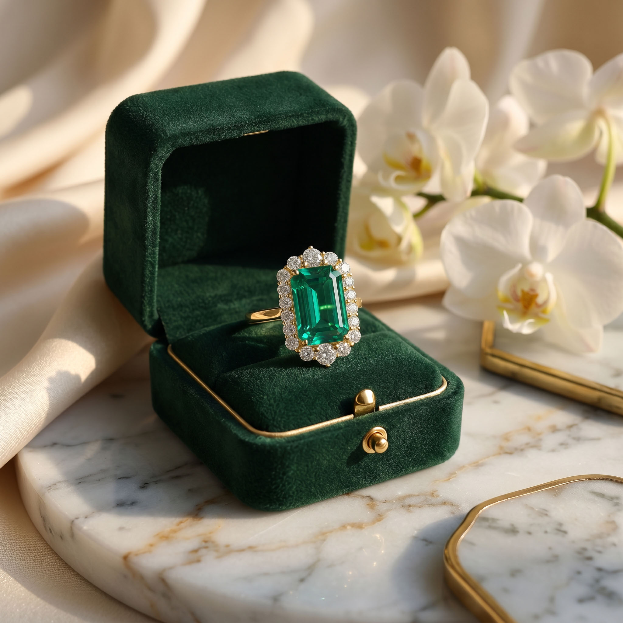 S925 Silver Emerald Diamond Halo Engagement Ring