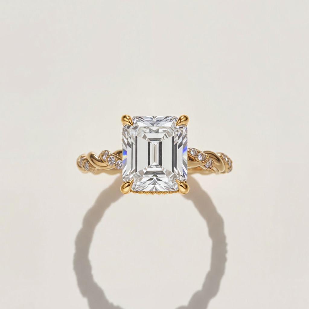 3.72CT Emerald Cut VVS Moissanite Twisted Engagement Ring