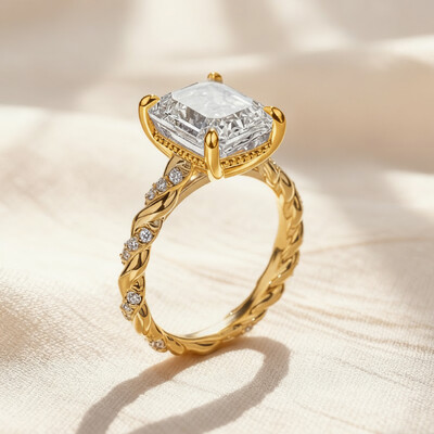 3.72CT Emerald Cut VVS Moissanite Twisted Engagement Ring