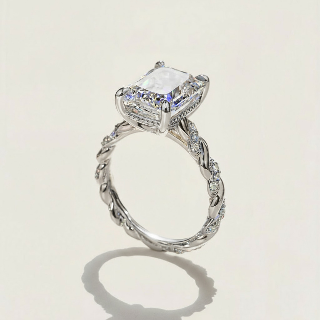 3.72CT Emerald Cut VVS Moissanite Twisted Engagement Ring