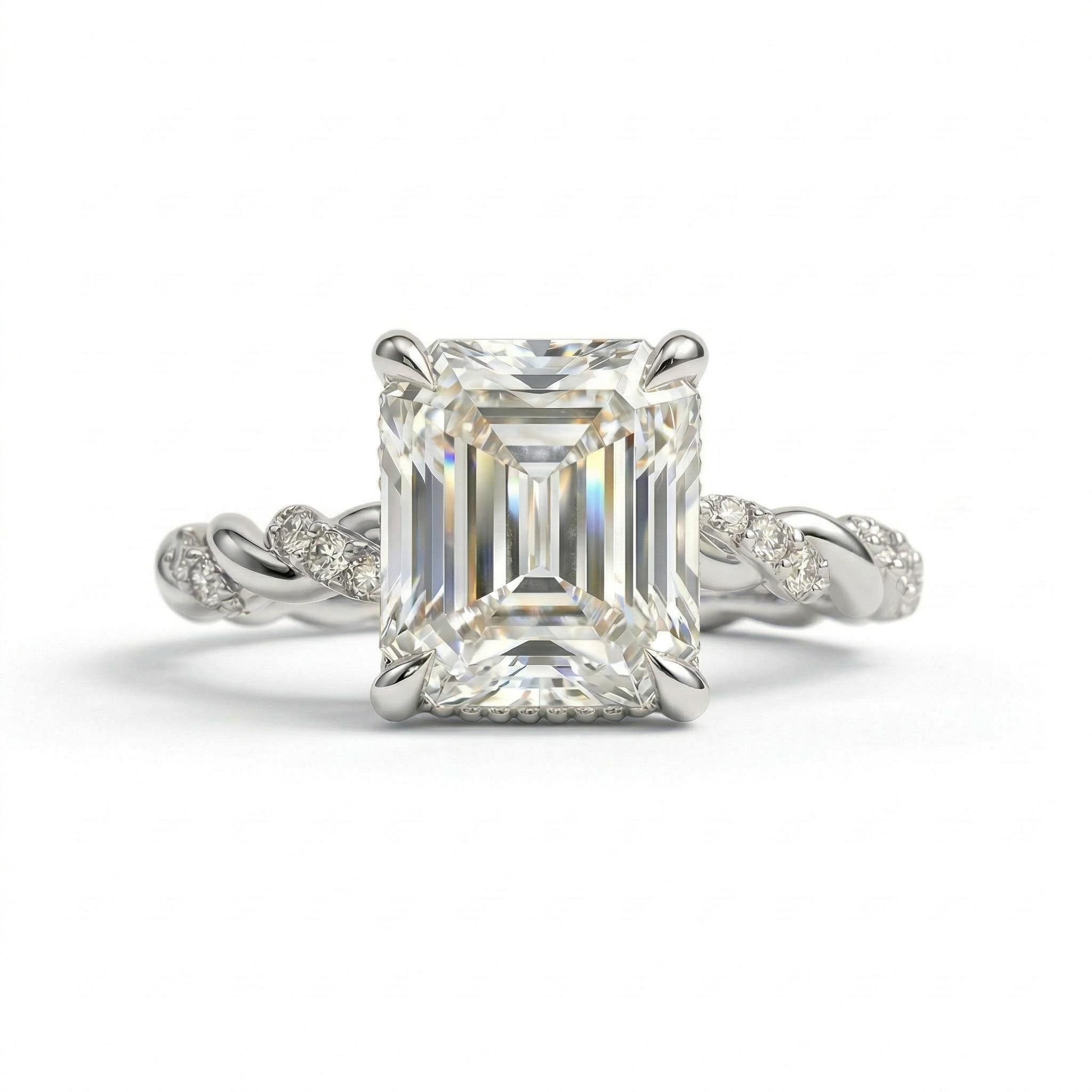 5.15ct.tw. Emerald Cut VVS Moissanite Twisted Engagement Ring