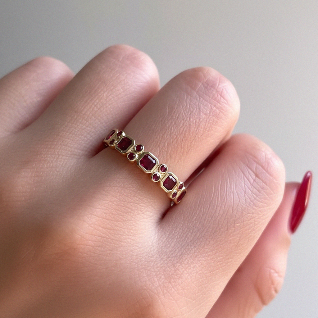 S925 Silver Ruby Asscher & Round Cut Half Eternity Wedding Band S925 Silver Ruby Asscher & Round Cut Half Eternity Wedding Band