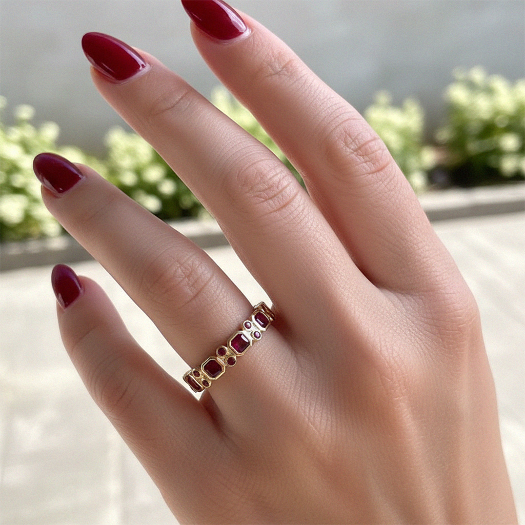 S925 Silver Ruby Asscher & Round Cut Half Eternity Wedding Band S925 Silver Ruby Asscher & Round Cut Half Eternity Wedding Band