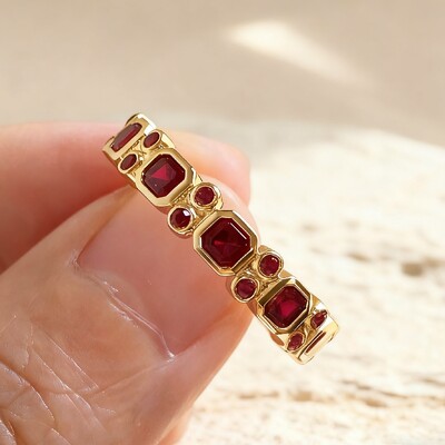 S925 Silver Ruby Asscher & Round Cut Half Eternity Wedding Band
