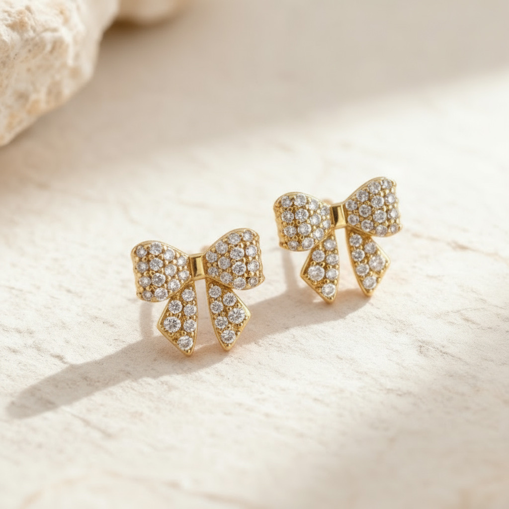 S925 Silver Round Diamond Pave Bow Earrings