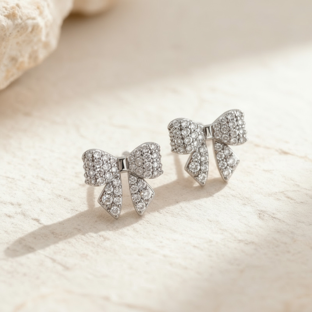 S925 Silver Round Diamond Pave Bow Earrings