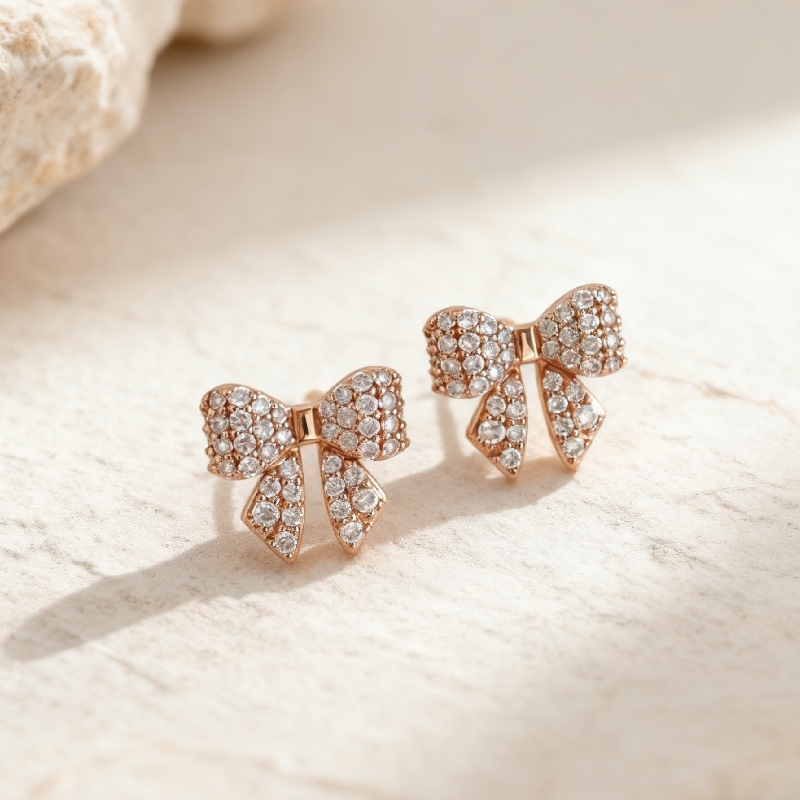 S925 Silver Round Diamond Pave Bow Earrings