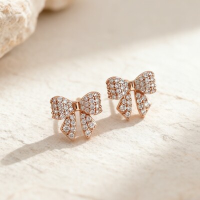 S925 Silver Round Diamond Pave Bow Earrings