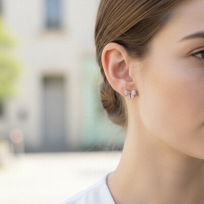 S925 Silver Round Diamond Pave Bow Earrings