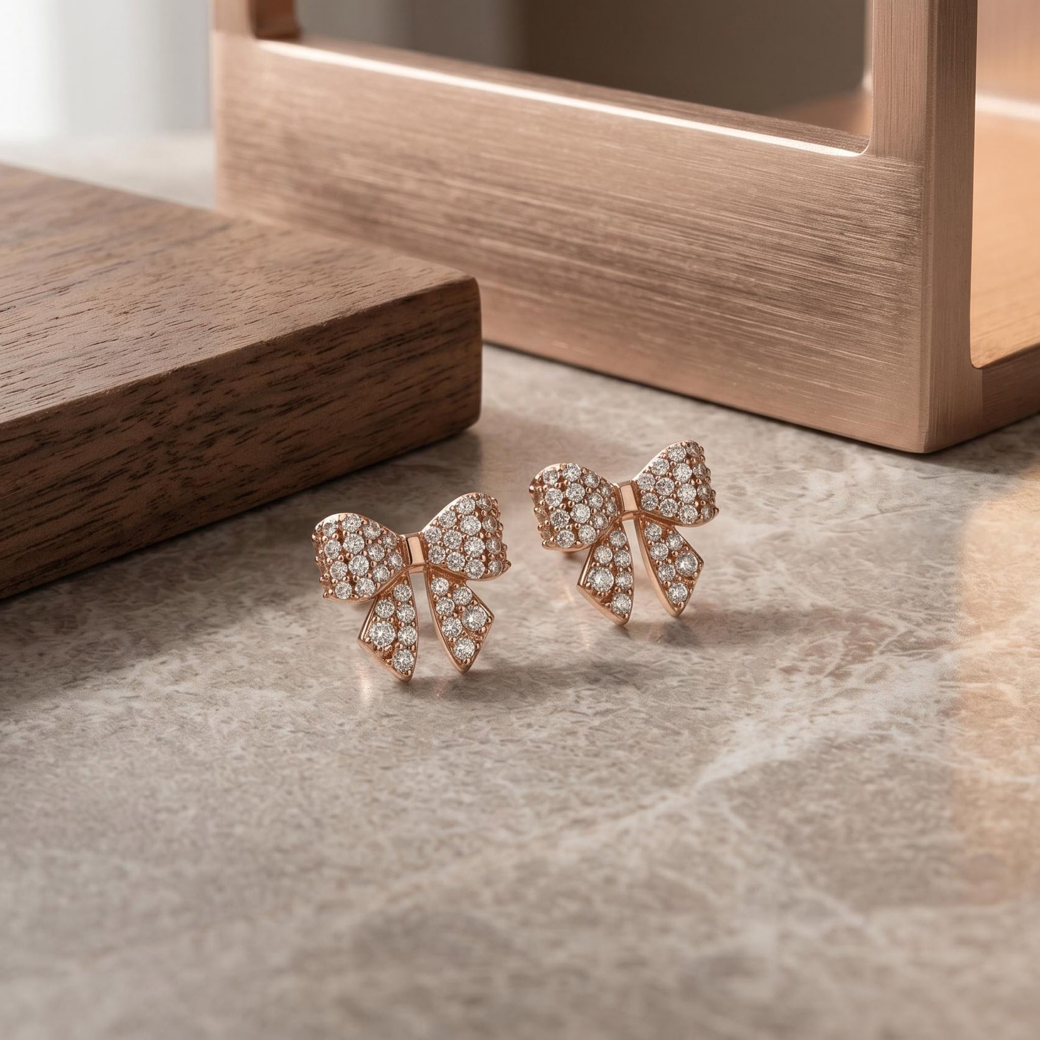 S925 Silver Round Diamond Pave Bow Earrings