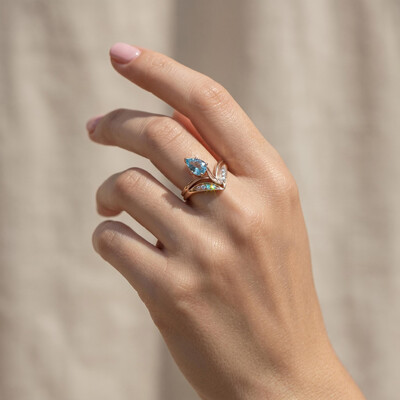 Blue Pear Diamond Flower Ring