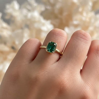 Green Cushion Cut Diamond Bezel Engagement Ring