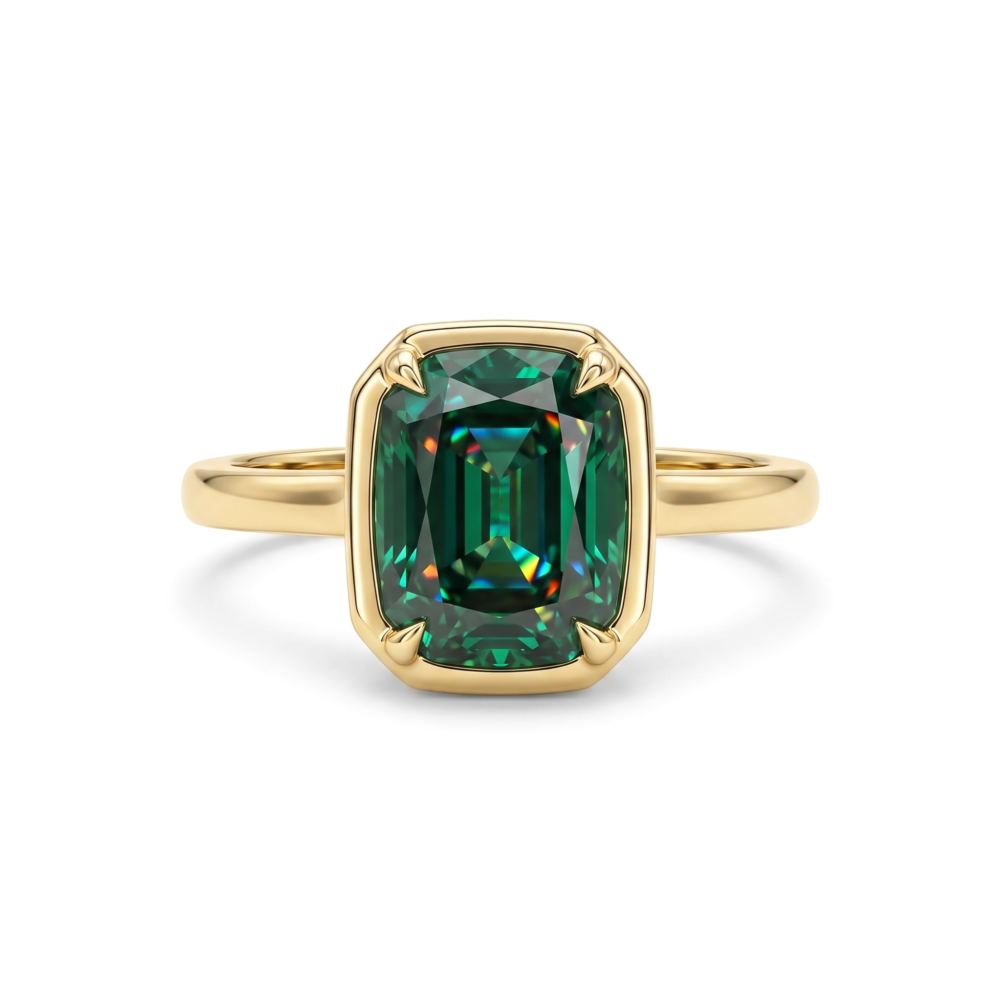 Green Cushion Cut Diamond Bezel Engagement Ring