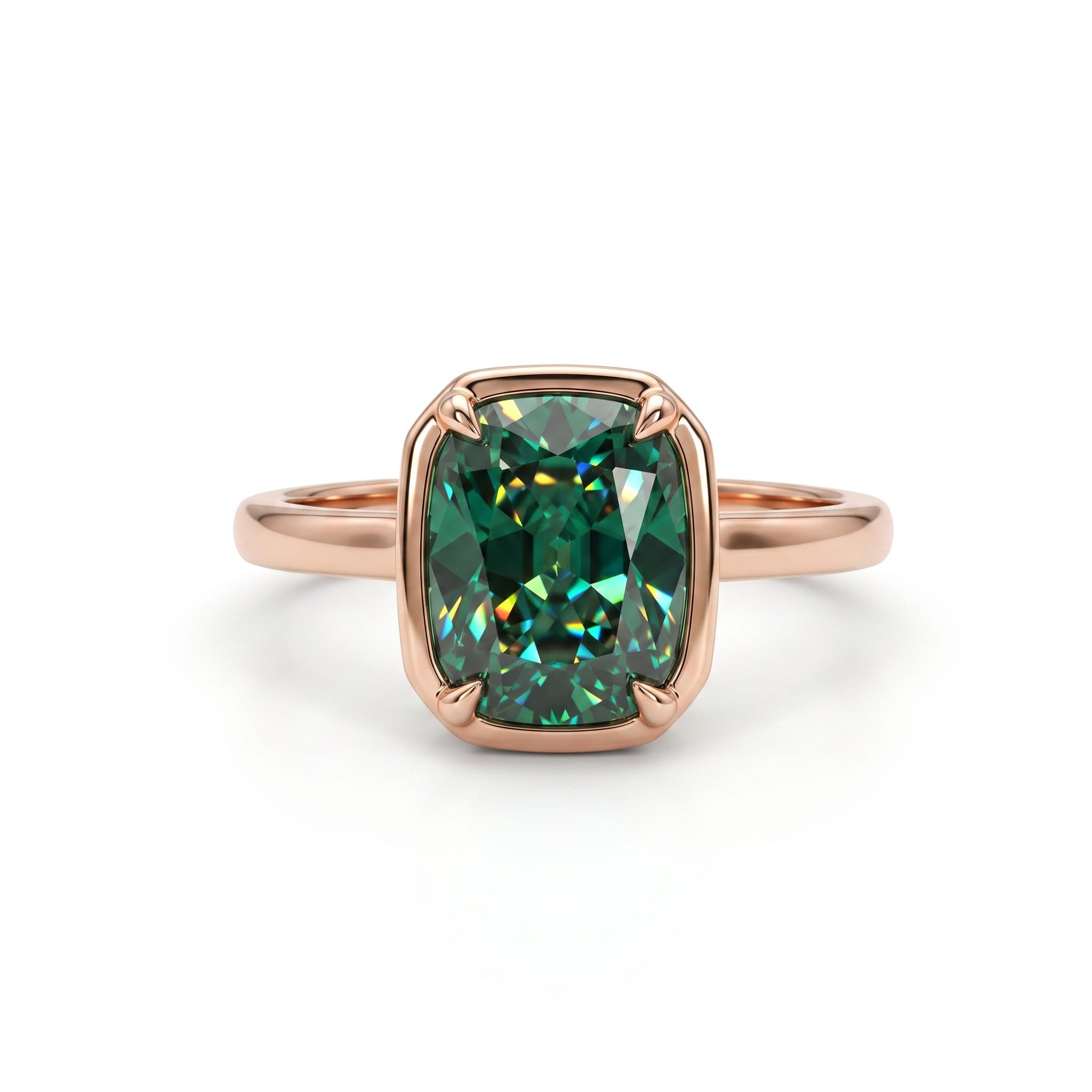 Green Cushion Cut Diamond Bezel Engagement Ring