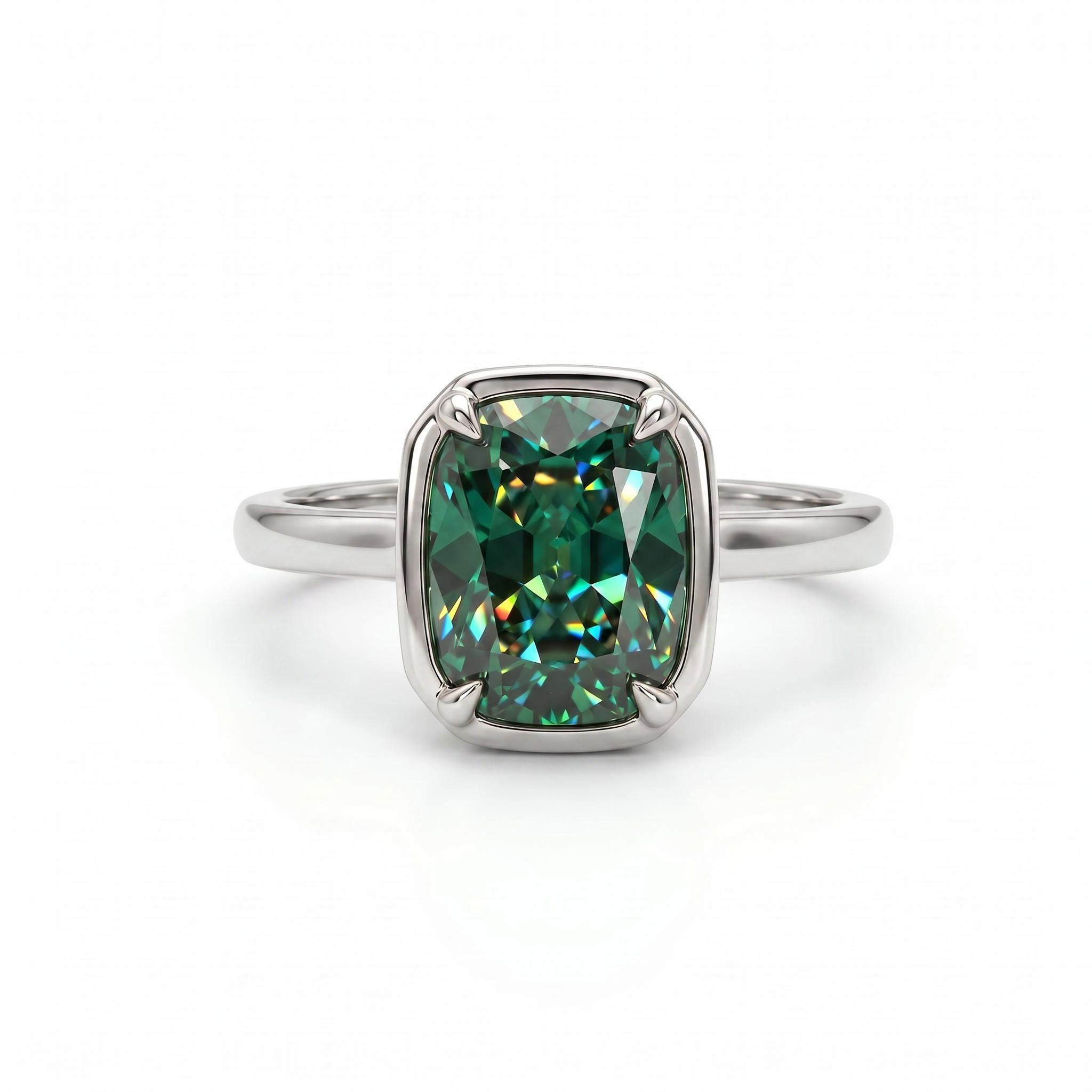 Green Cushion Cut Diamond Bezel Engagement Ring