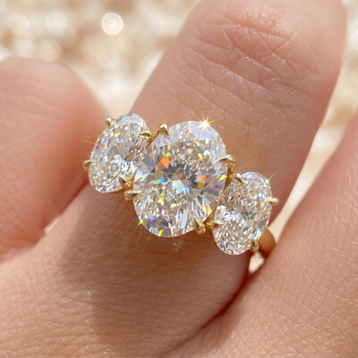 S925 Silver Oval Cut Three Stone Engagement Ring
