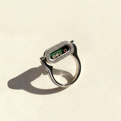 Personalized S925 Silver Rotatable Malachite & Multi-Gem Oval-Shape Ring with Engraving Name/Date