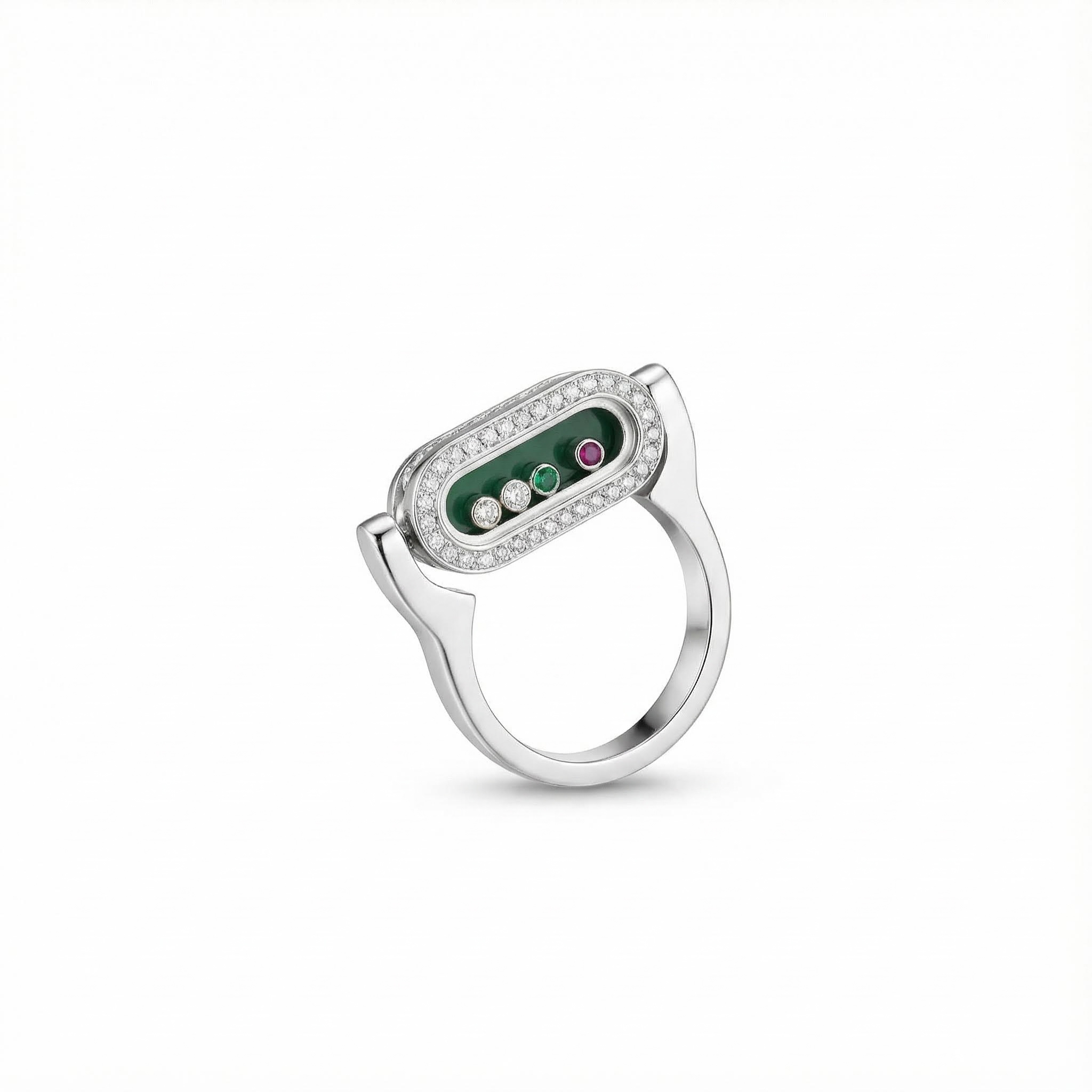 Personalized S925 Silver Rotatable Malachite & Multi-Gem Oval-Shape Ring with Engraving Name/Date