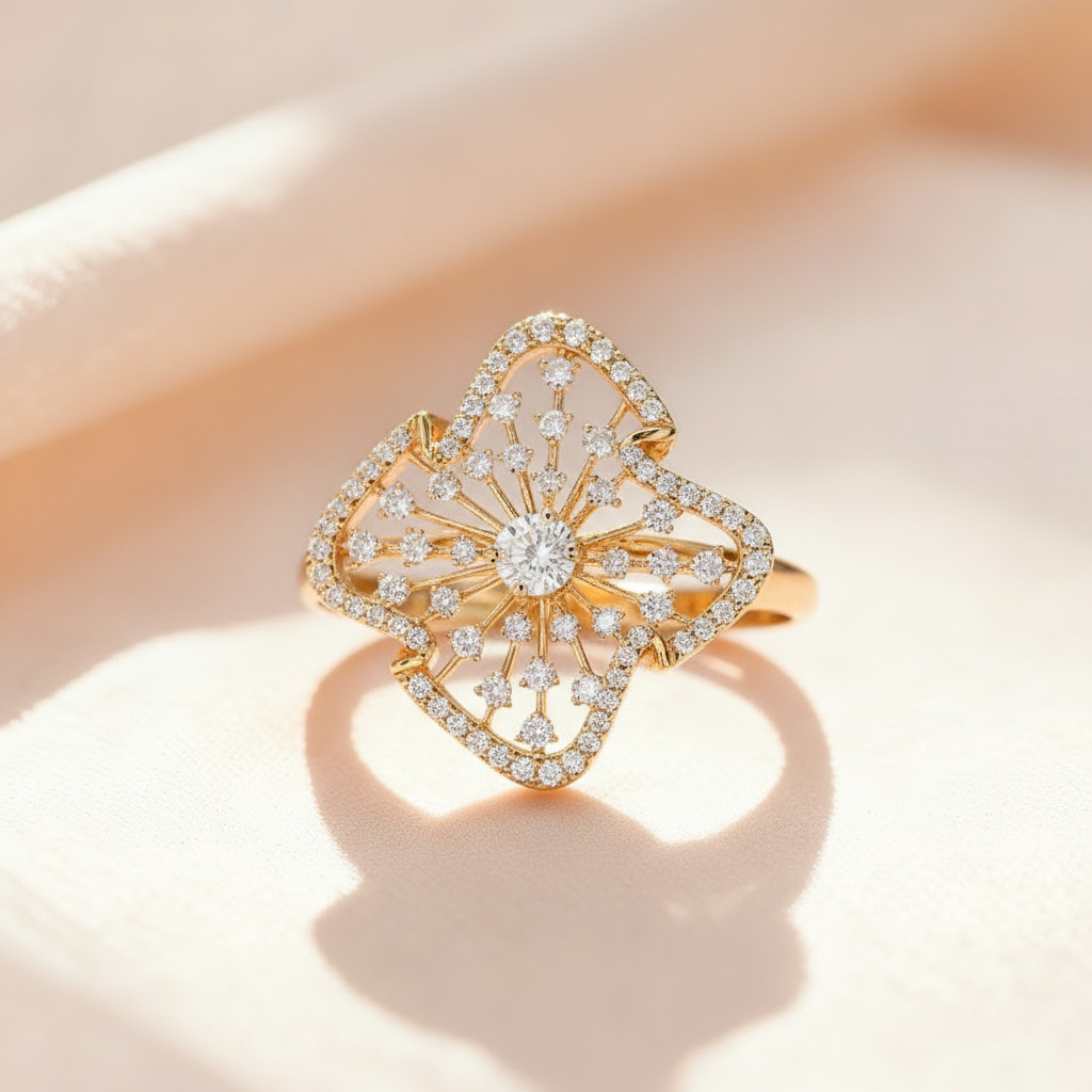 Flower Petal VVS Moissanite Pave Engagement Ring