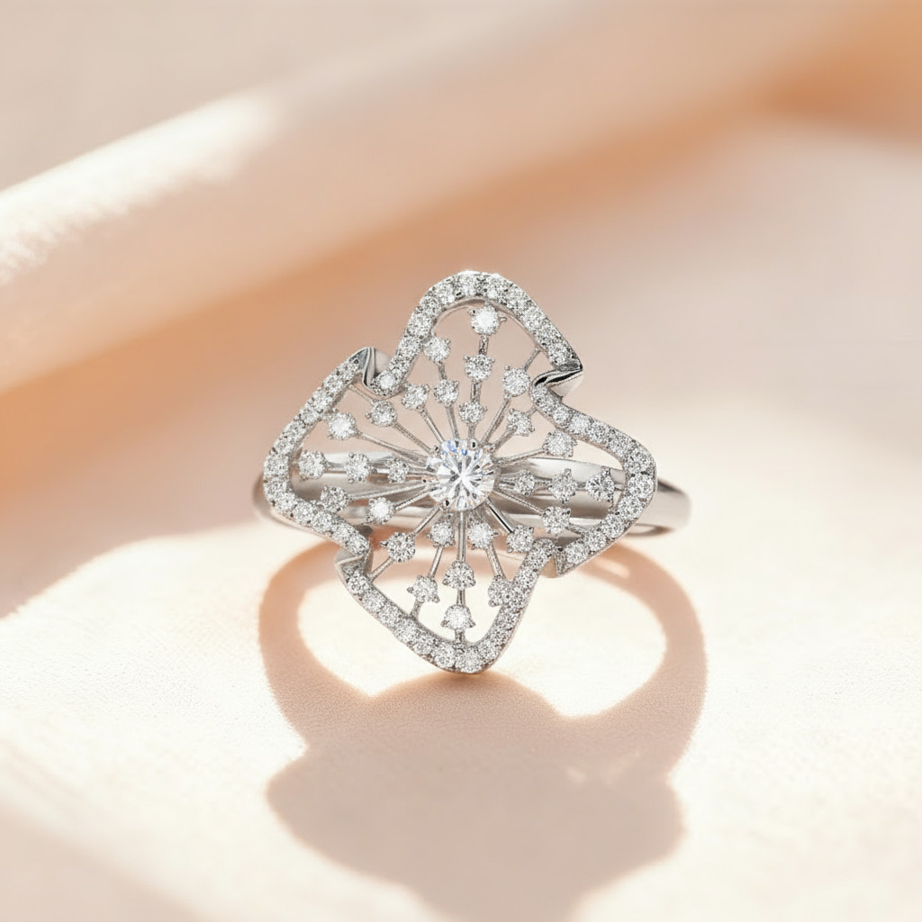 Flower Petal VVS Moissanite Pave Engagement Ring