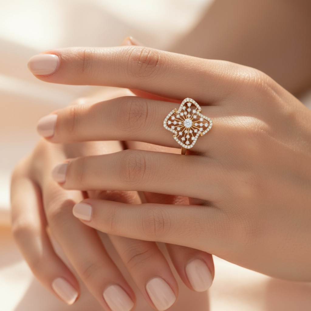 Flower Petal VVS Moissanite Pave Engagement Ring