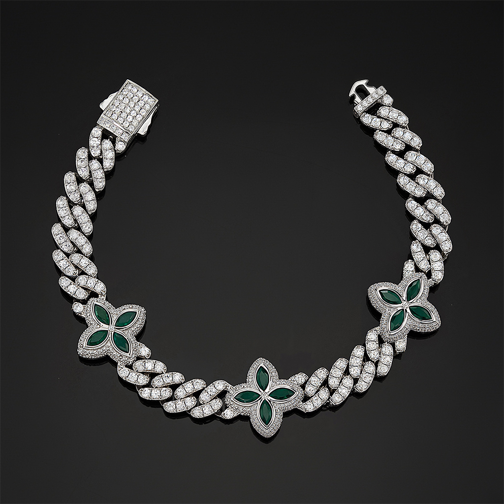 10mm Iced Out Four Leaf Clover Emerald Cuban Bracelet