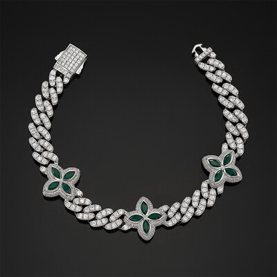 10mm Iced Out Four Leaf Clover Emerald Cuban Bracelet