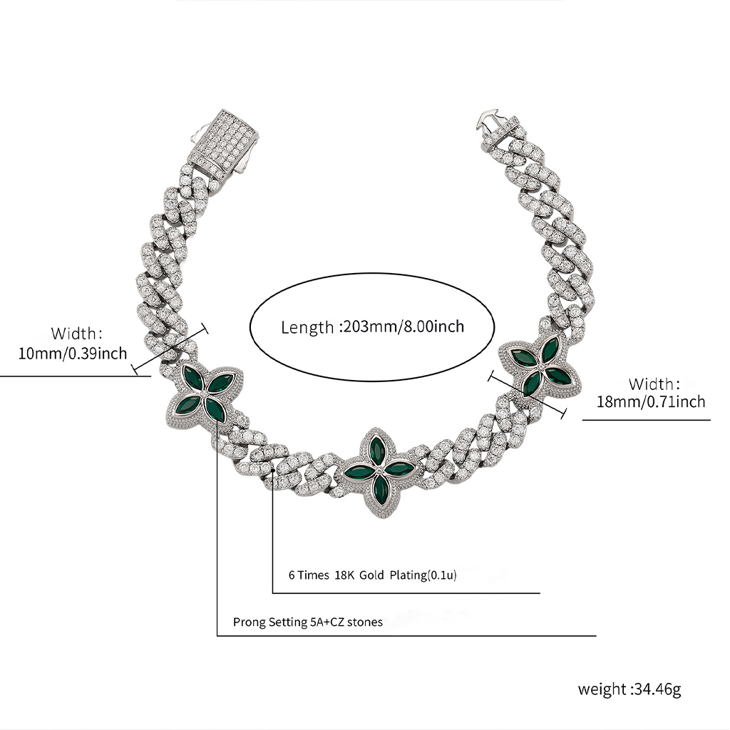 10mm Iced Out Four Leaf Clover Emerald Cuban Bracelet
