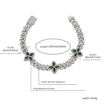 10mm Iced Out Four Leaf Clover Emerald Cuban Bracelet