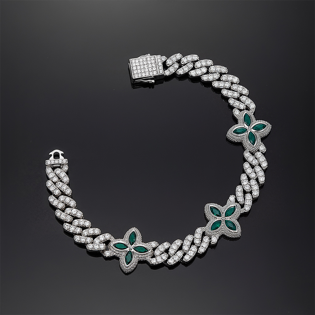 10mm Iced Out Four Leaf Clover Emerald Cuban Bracelet