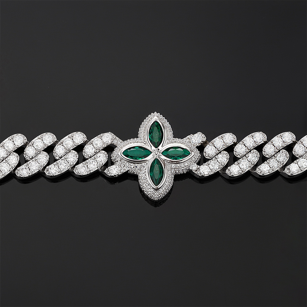 10mm Iced Out Four Leaf Clover Emerald Cuban Bracelet
