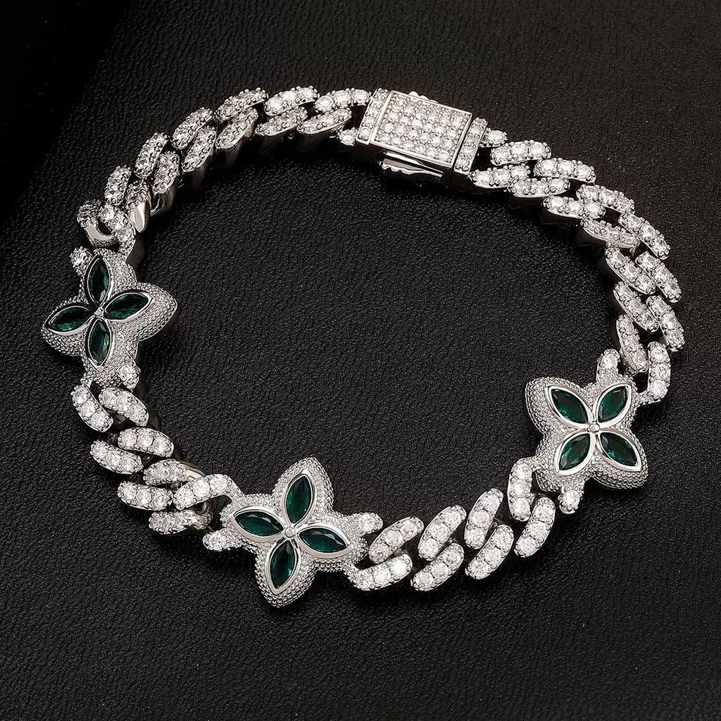 10mm Iced Out Four Leaf Clover Emerald Cuban Bracelet 10mm Iced Out Four Leaf Clover Emerald Cuban Bracelet