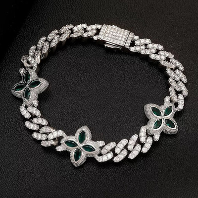 10mm Iced Out Four Leaf Clover Emerald Cuban Bracelet