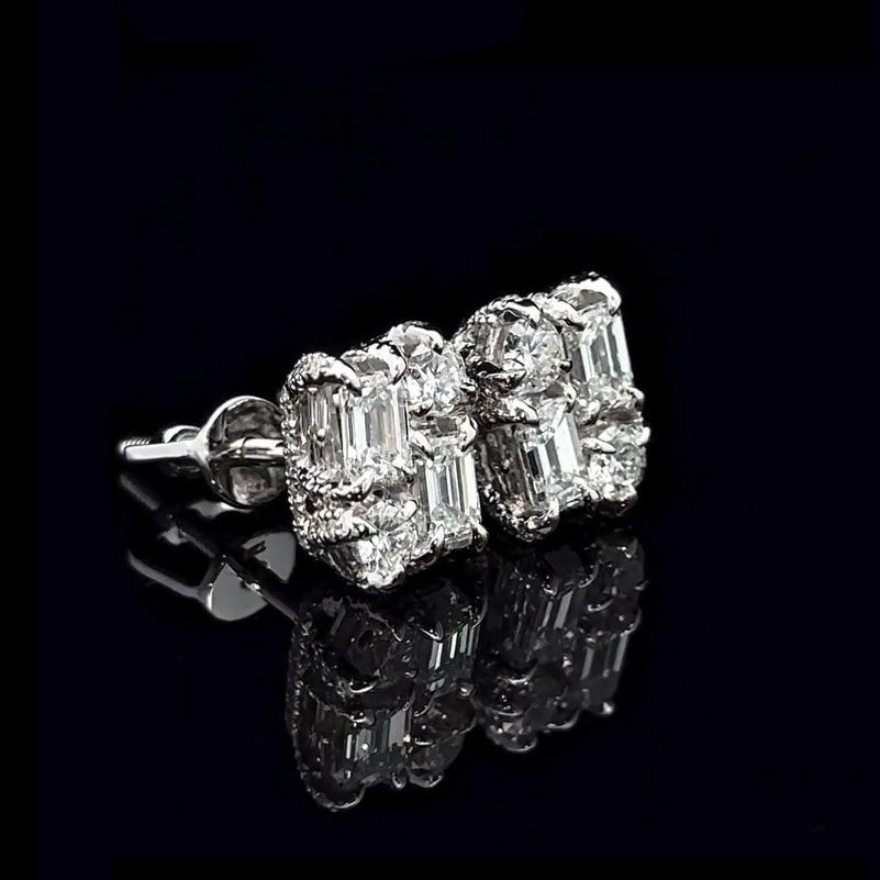 Baguette & Round Diamond Claw Stud Earrings