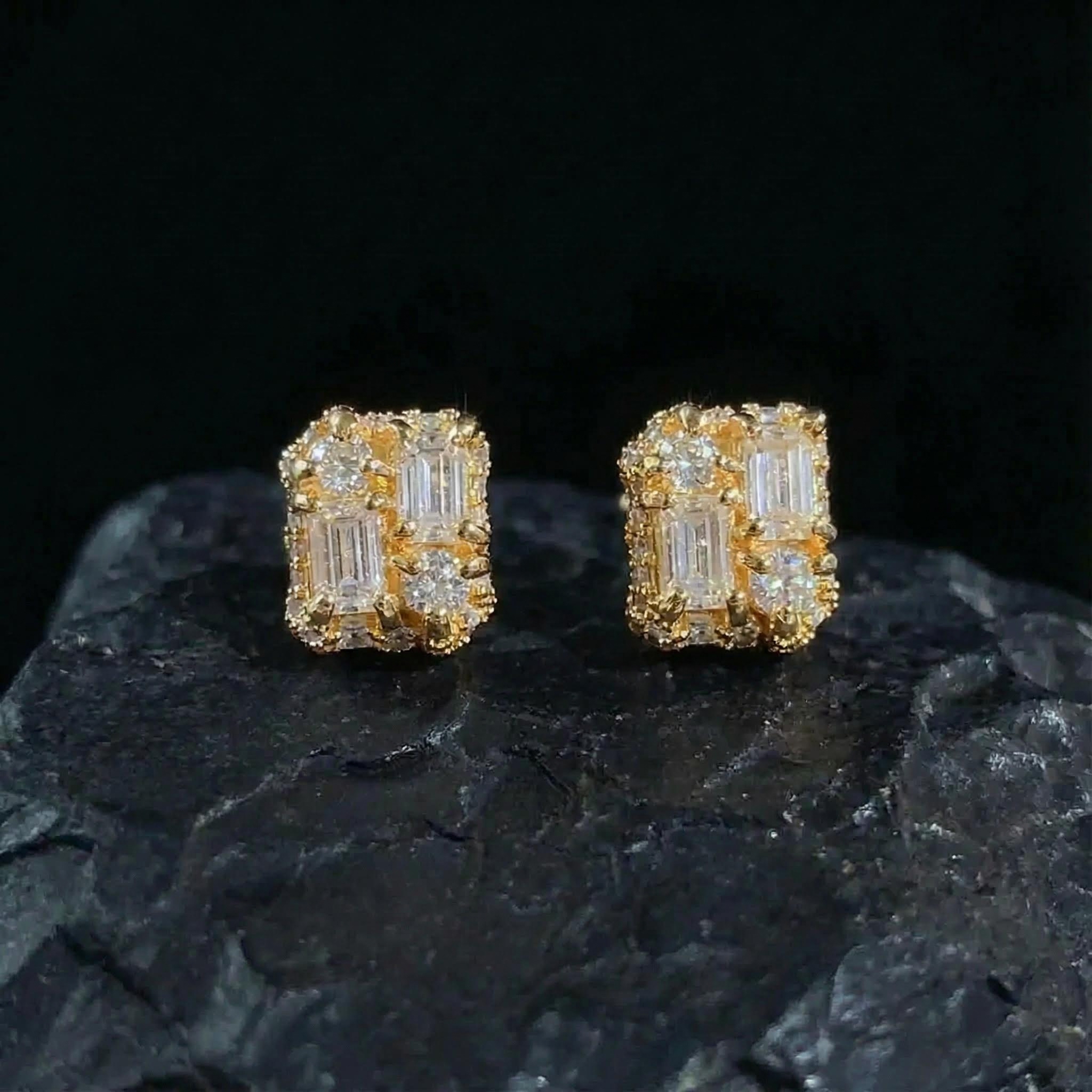 Baguette & Round Diamond Claw Stud Earrings