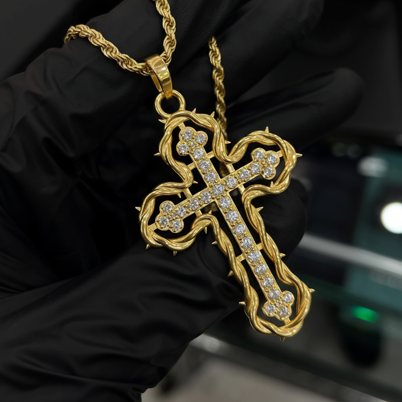 Iced Out Cross Pendant Necklace with Rope Frame Iced Out Cross Pendant Necklace with Rope Frame