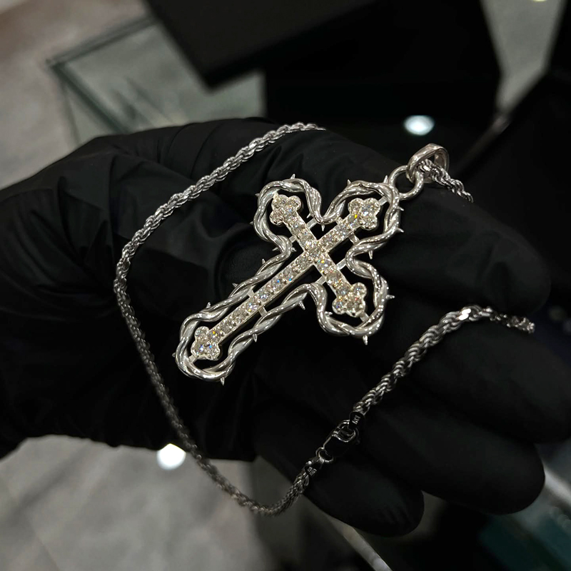 Iced Out Cross Pendant Necklace with Rope Frame Iced Out Cross Pendant Necklace with Rope Frame