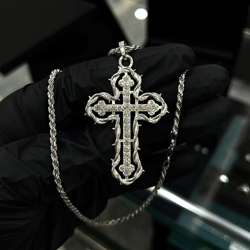 Iced Out Cross Pendant Necklace with Rope Frame Iced Out Cross Pendant Necklace with Rope Frame